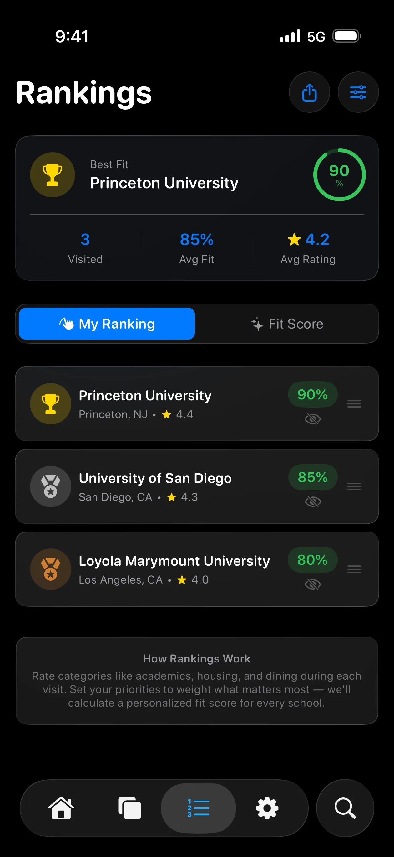 Toured app ranking colleges with personalized Best Fit Scores and drag-and-drop reordering